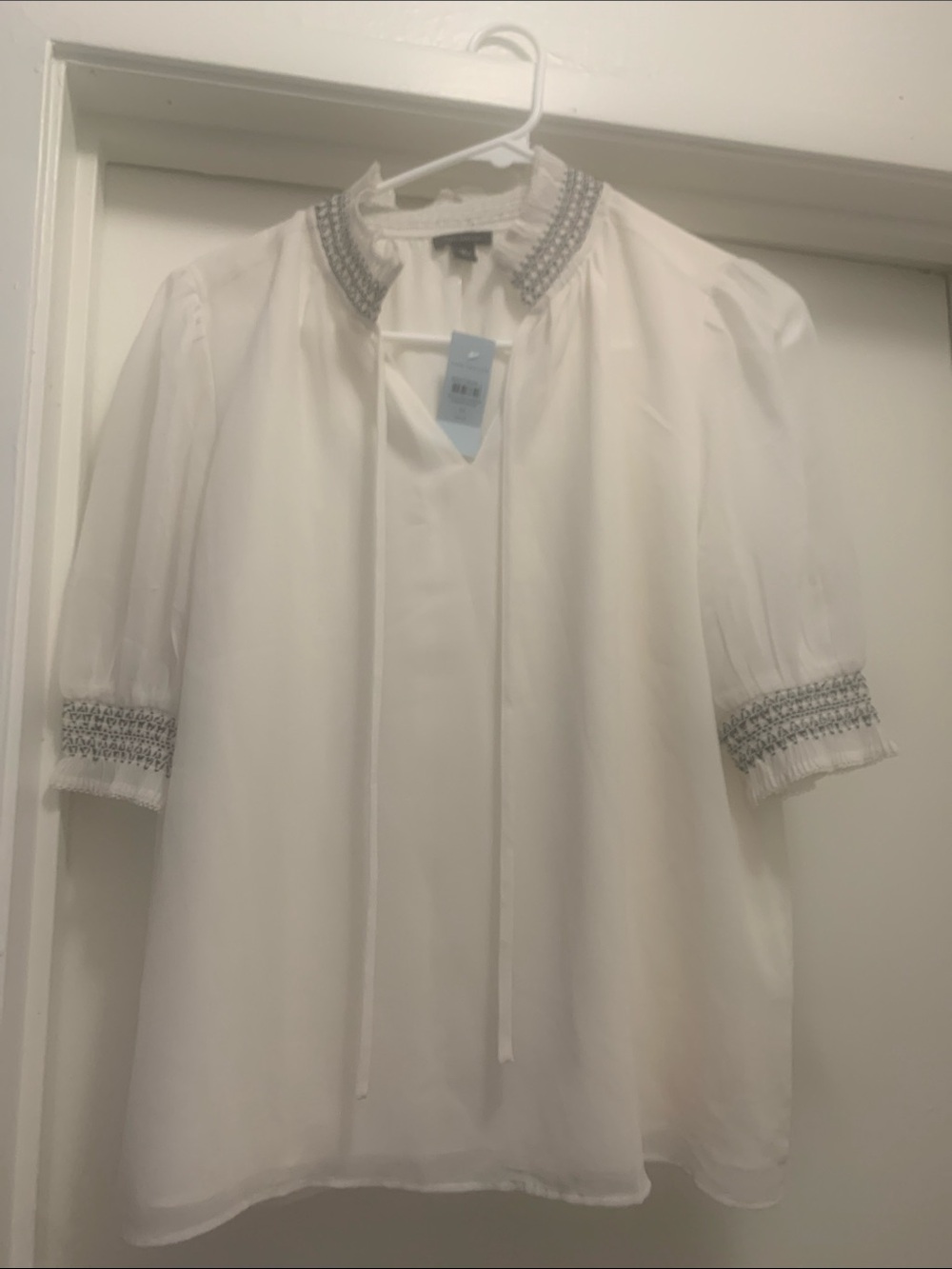 Ann Taylor White Smocked Shoulder Blouse